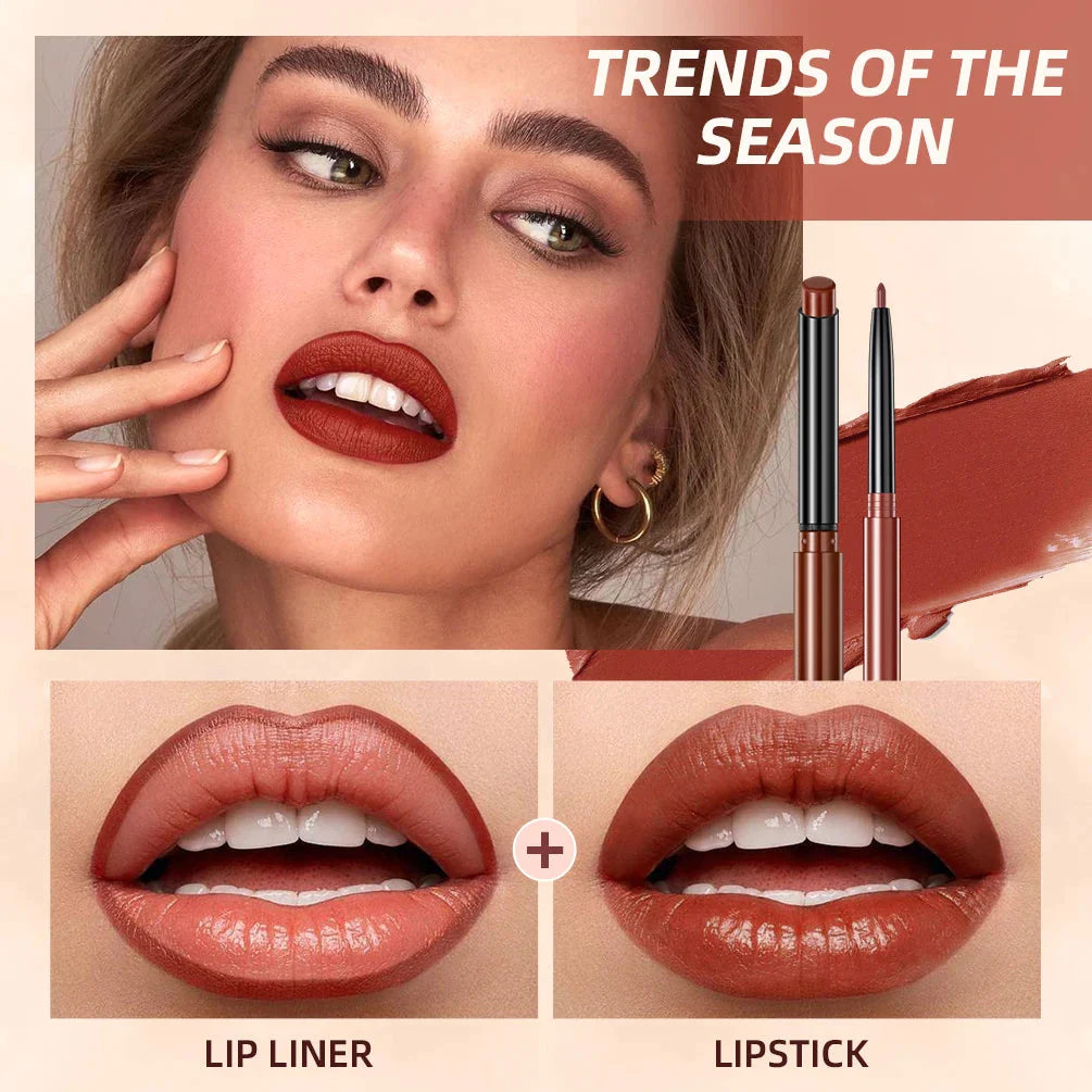 QIBEST Matte Nude Lipstick and Lipliner Pen Set - Waterproof, Long-Lasting Contour Makeup for Women (2 Pieces)