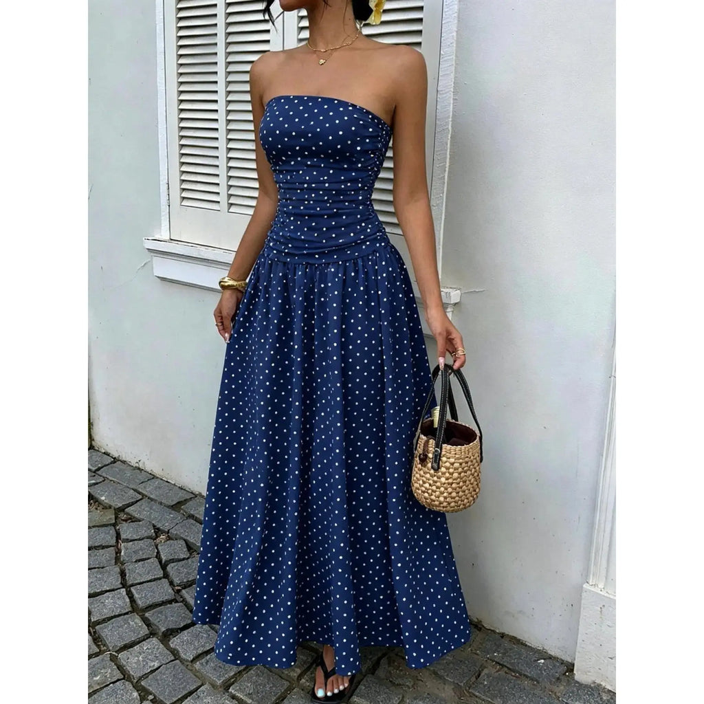 Chic Women's Strapless Polka Dot Maxi Dress - Perfect for Parties and Casual Outings
