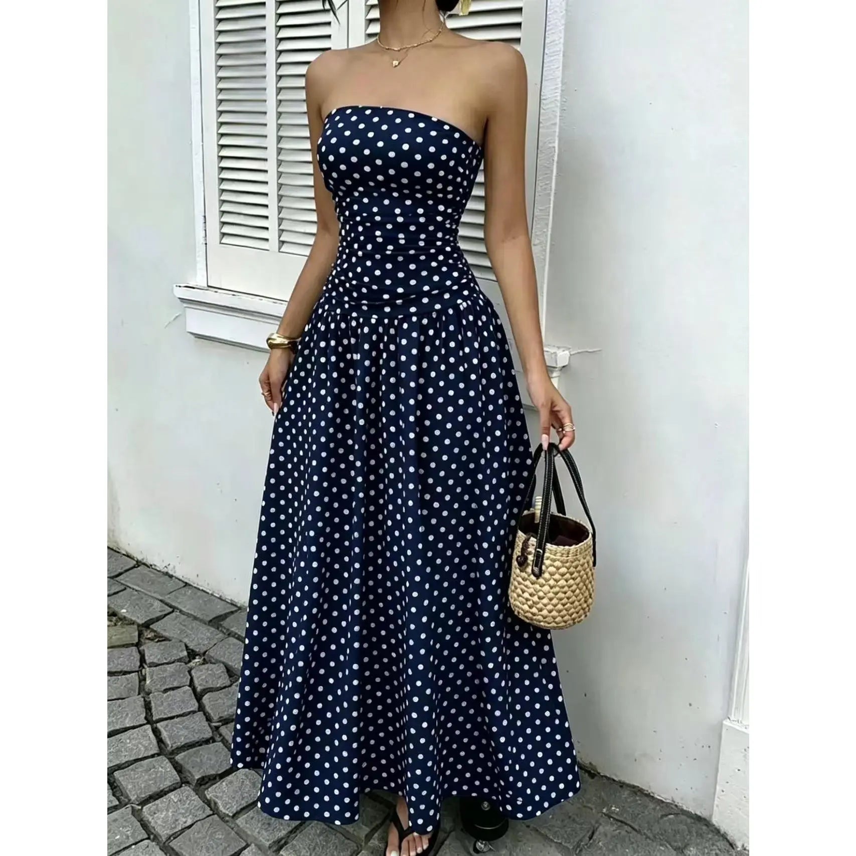 Chic Women's Strapless Polka Dot Maxi Dress - Perfect for Parties and Casual Outings