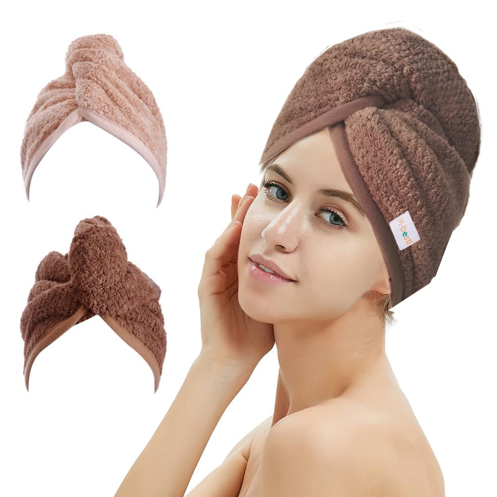 Transform Your Hair Care Routine with M-Bestl Microfiber Hair Towel Wrap Set - Quick Dry, Anti-Frizz, Lightweight Turbans in Pink & Beige (2 Pack) for Long Thick Curly Hair