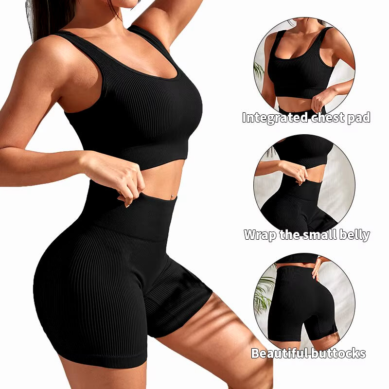 Seamless Ribbed Yoga Sets for Women - 2-Piece Gym Outfit with Crop Tank and High Waist Shorts for Fitness and Running