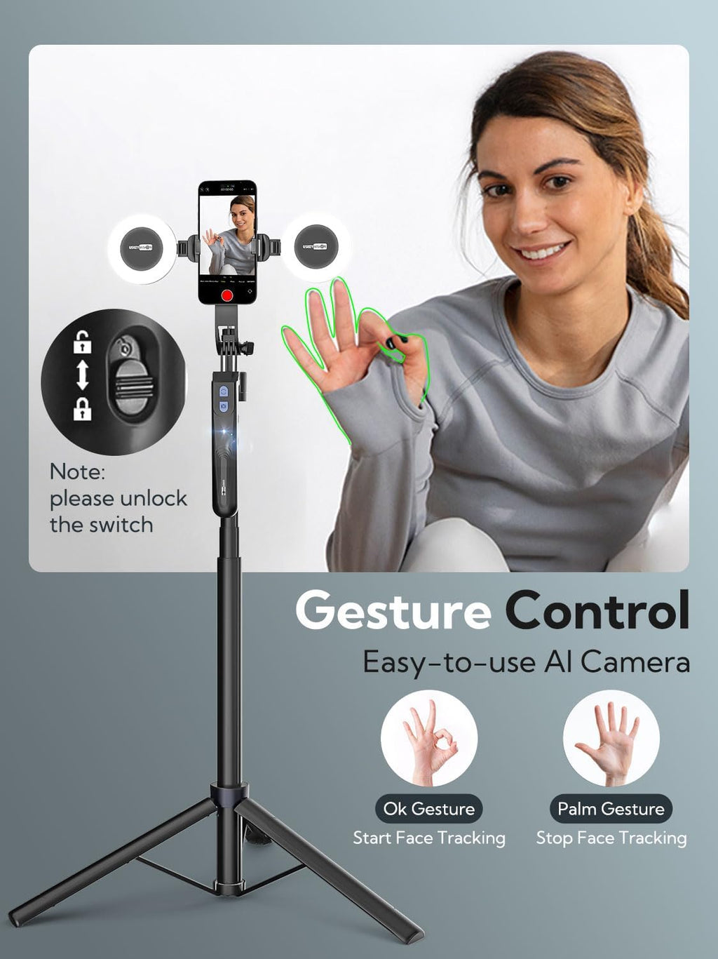 Elevate Your Content Creation with the USKEYVISION 70.9" Auto Face Tracking Tripod - 360° Rotation & Integrated Dual Ring Lights