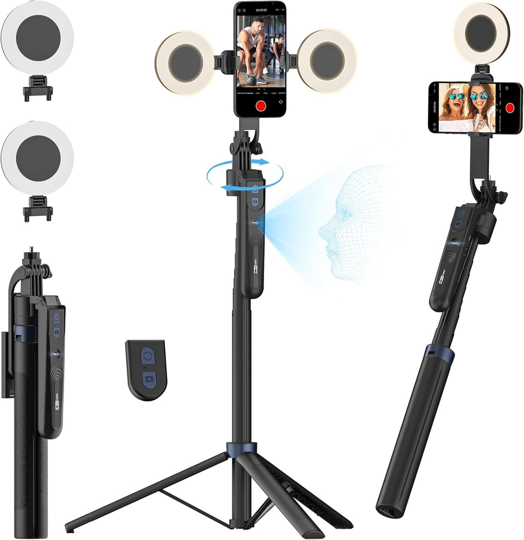 Elevate Your Content Creation with the USKEYVISION 70.9" Auto Face Tracking Tripod - 360° Rotation & Integrated Dual Ring Lights