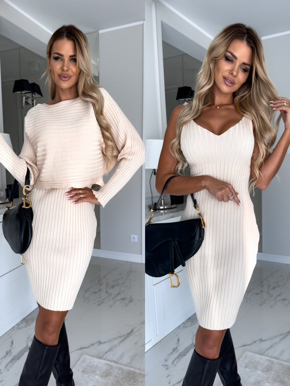 Women's 2-Piece Solid Stripe Long-Sleeve Top and Fitted Suspender Skirt Set for Autumn and Winter Fashion