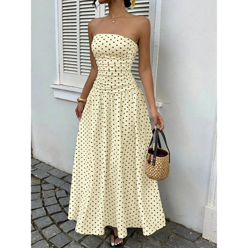 Chic Women's Strapless Polka Dot Maxi Dress - Perfect for Parties and Casual Outings
